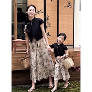 Casual Qingshan Rudai Wide-Leg Culottes Set for Parent-Child Activities