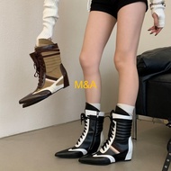 [M & A] Lace-Up Sports Style Boxing Boots Hot Girl Pointed Toe Martin Boots Retro Color Matching 3cm