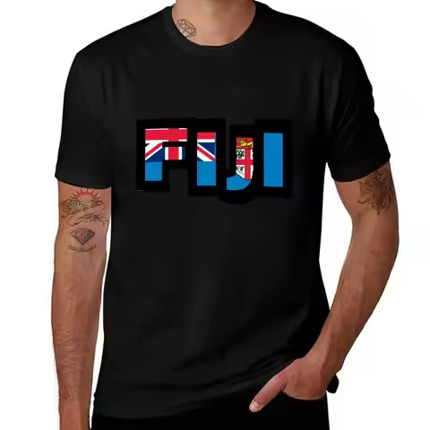 Fijian Fiji with Flag Font T-Shirt Basic Daily Outfit Short Sleeve Tee