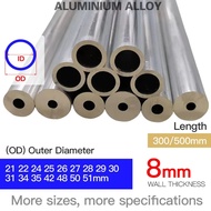Paip Aluminium Ketebalan 8mm Diameter Luar 21-51mm Lurus Panjang 300mm 500mm Bulat Tiub Aloi Alumini