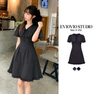 EVIOVIO S-4XL V-Neck Dress With Bow Tie A-Line Style Korean Ruffled Hem Work Party Simple And Elegan