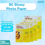 RC High Glossy Photo Paper 260Gsm A4 / 3R / 4R / 5R Size (20 sheets per pack)