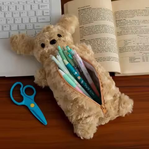 Korea Style Puppy Pencil Case Soft Plush School Stationary Big Capacity Pen Bag For Student Stationa