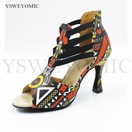 2020 New Salsa Dance Shoes Women African Print Leather Comfortable Heel Customized Suede Outsole Girls Bachata Latin Dance Shoes