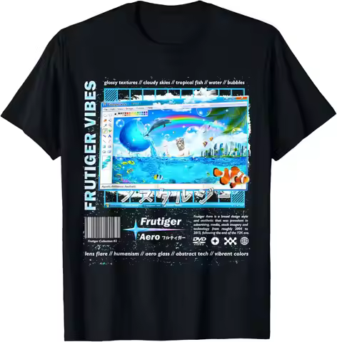 Frutiger Aero Aesthetic Graphic Tee Tropical Fish Dolphin Scene Cotton T-Shirt Men Casual Streetwear