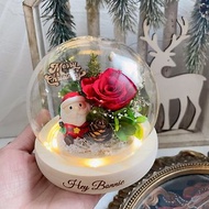 希望之夜 聖誕永生花與老公公玻璃罩圓球LED花盅