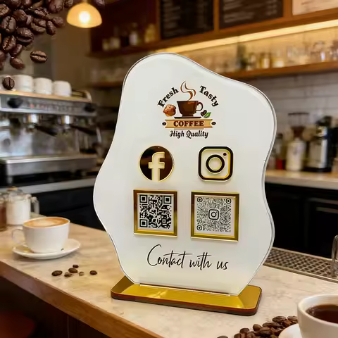 Custom Gold Acrylic Social Media QR Code Sign Personalized Business Shop Logo Display Stand Instagra