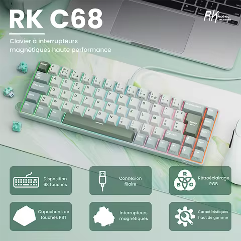 RK ROYAL KLUDGE RK C68 Magnetic Keyboard 0.005mm Rapid Trigg 8K SOCD/Rs 0.125ms PBT Keycaps RGB Wire