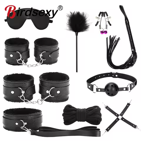 BDSM Bondage Restraint Kit 10 Pieces Leather Handcuffs Ankle Cuffs Collar Whip Ball Gag Blindfold Ni
