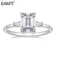 EAMTI 3CT 925 Sterling Silver Engagement Rings 3-Stone Emerald Cut Cubic Zirconia CZ Wedding Promise