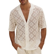 Mens CubanCollar Shirt Casual Hollow Out Knitted Button Down Shirt Vintage Short Sleeve Summer Beach