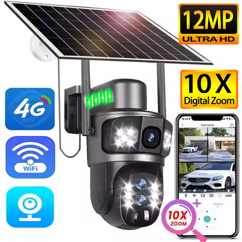 Solar Outdoor Surveillance Camera WiFi Or 4G Sim 6K Wireless 10X Zoom Three Len 12MP Cameras Auto Tr