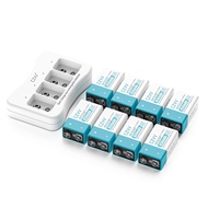Rechargeable 9V Batteries - High-Performance Lithium-ion Battery 8 Pack with 4-Bay Speed Charger - L
