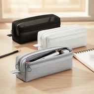 Transparent Double-Layer Mesh Pen Pouch, Square Zip, Exam-Ready Large Capacity Stationery Case