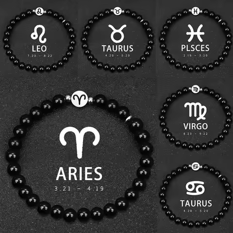 12 Zodiac Signs Bracelet 6mm Natural Stone Obsidian Stainless Steel Capricorn Sagittarius Man Bracel