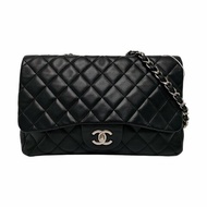 CHANEL CLASSIC FLAP 大號黑色羊皮菱格紋縫線Jumbo單肩包 銀色五金 13開