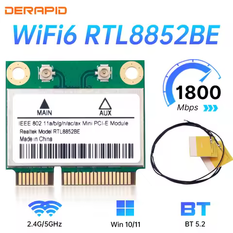RTL8852BE WiFi 6 Network Card Antenna Kit 1800Mbps BT 5.2 Dual Band Wireless MiniPCIe 802.11ax 2.4G/