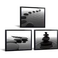 iKNOW FOTO 3pcs Batu Seni Dinding Zen Hitam dan Putih dalam Cetakan Kanvas Air dengan Bingkai Hitam 
