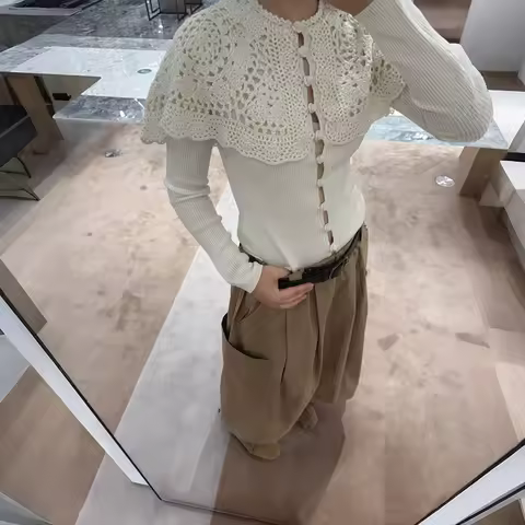 Women's Openwork Crochet Shawl Cardigan Wool Blend Sweater Early Spring