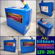 AKI 12V 20Ah  FULL LITHIUM POWERMAX Dilengkapi BMS 60Ah untuk Sepeda Motor Anak Mobil Campervan Lampu Kaki 5 Sprayer  Setrum ikan Ups Genset Listrik dll