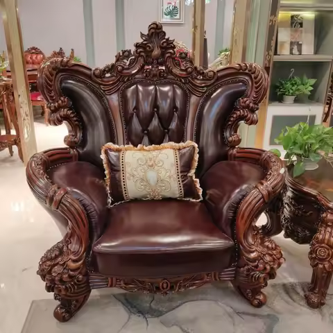 Factory direct sales luxury hand-carved furniture leather European living room antique sofa