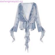 (Fashion_2)  Glamorous Blouse Tie Dye Contrast Mesh Front Frill Blouse for Women L106AD939
