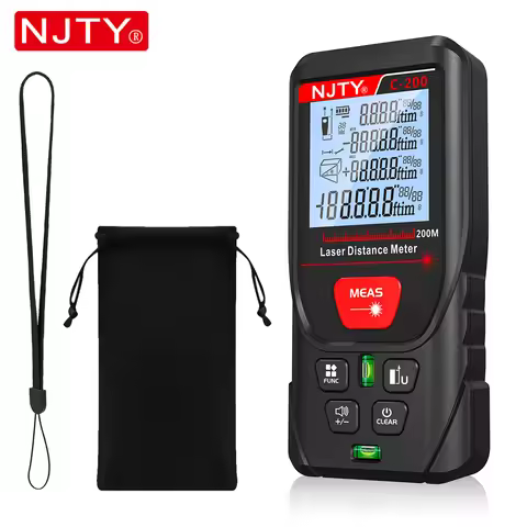 NJTY 50m 100m 200m Laser Meter Digital Handheld Tape Measure RED Laser with Portable Bag Lanyard Dat