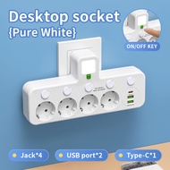 EU Plug Outlet 4 Sockets Multitap Wall Power Strip Electrical Socket 2 USB 1 Type-C Ports No