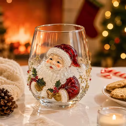 3D Christmas Glass Art Cup,Santa Snowman Reindeer Tree Drinking Glasses Christmas Wine Glasses, 3D G