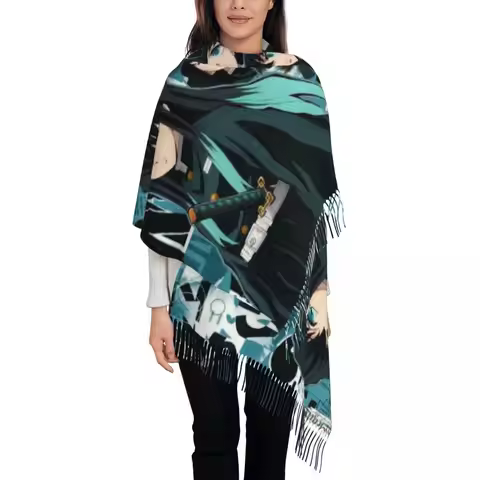 Muichiro Tokito Poster Tassel Scarf Women Soft Anime Manga Demon Slayer Shawls Wraps Lady Winter Sca