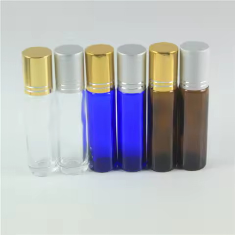 24pcs/lot 10ml (1/3 OZ) Thick Amber Clear Blue Glass Roll On Essential Oil Empty Perfume Bottle 10cc