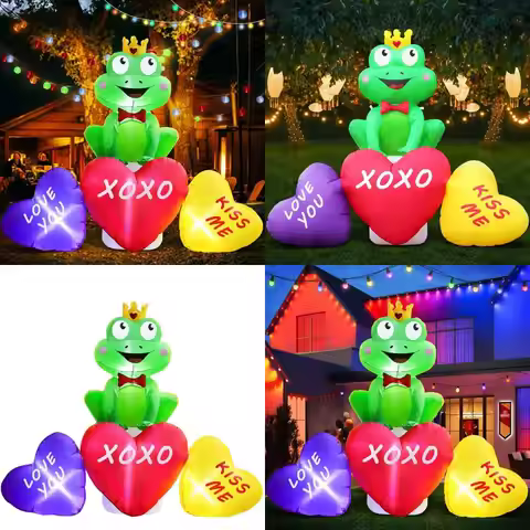 6 Feet Tall Romantic Frog Heart Inflatable with LED Lights for Outdoor Valentine's Day Decor