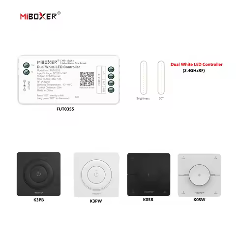 MiBoxer DC12~24V FUT035S+K0S K3P 86 2.4GHzRF Panel Remote Wireless Dual White 12A/Channel LED Contro