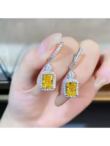 Luxury white gold solid platinum PT950 Women's Yellow Diamond Earrings Luxury Full Diamond 2 karat I