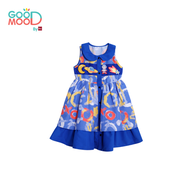 Good Mood by bsc ชุดกระโปรงแขนกุดคอบัวพิมพ์ลายสีน้ำเงิน+PATCHES 4 ชิ้น สำหรับเด็กอายุ 2-9 ปี ผ้าไมโค