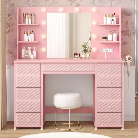 Pink Vanity with Lights and Mirror, 11 Drawer Makeup Vanity with Power Strip, 6 Open Shelves, 43.3” 
