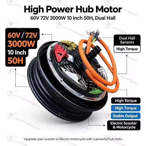10‑Inch BLDC Hub Motor 60V 72V 3000W 50H Dual Hall Sensor For Electric Scooter Motorcycle Modificati