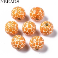 20pcs Painted Wood European Beads Large Hole Beads Printed Round with Leopard Print Orange 16x15mm H