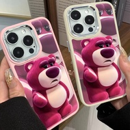 Fun and Cute Strawberry Bear  Phone Case Compatible for IPhone 11 12 13 Pro 14 15 7 8 Plus SE 2020 XR X XS Max Fashion Metal Lens Protector Shockproof Casing
