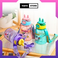 600ml baby water bottle with cute rabbit ear lid with straw and strap, School water bottle for boys 