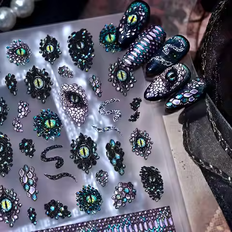 5D Embossed Snake Prints & Snake Eyes Nail Art Sticker Black Green Snake Halloween Nail Decals Self 