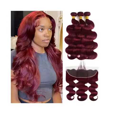 Human Hair Bundles 99J Burgundy Human Hair Bundle with Frontal Double Weft Brazilian Remy Hair Weave