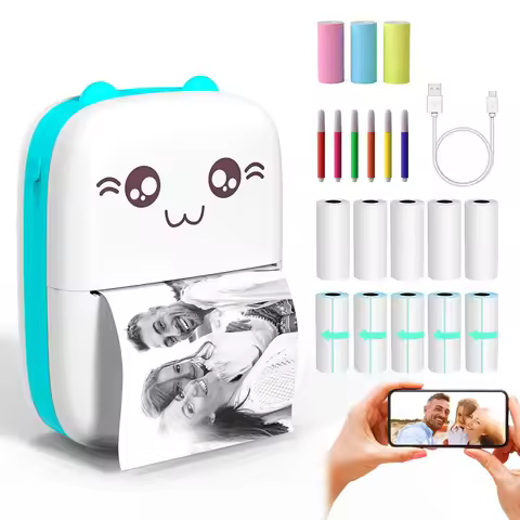 mini hot pocket printer,Ink free sticker printer, mini pocket printer with 13 rolls of hot paper,iOS