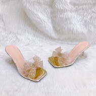 Guốc cao gót nhọn đế ly trong 7p/9p quai mika kết nơ lưới đính đá G23 kèm video ảnh thật (PHOM NHỎ)