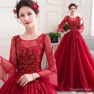 【Malay Spot】S~3XL Red Wine Glitter Beaded Puffy Floral Elegant 3/4 Long Sleeve Muslim Bride Wedding 