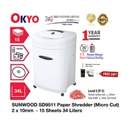 SUNWOOD SD9511 Paper Shredder (Micro Cut) 2 x 10mm  - 15 Sheets 34 Liters (Micro Cut, Paper Shredder, Shredder Machine
