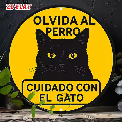 Spanish Beware of Cat Round Metal Sign, Funny Black Cat Warning Wall Decor for Pet Lovers