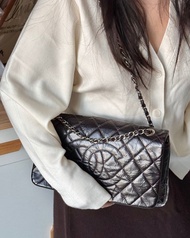 Chanel 經典雙C 鏈條包銀鏈 黑色油蠟皮 帥氣有型 中性叛逆風