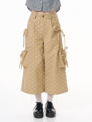 ziziFei''奶咖波點''美式復古闊腿卡其色波點七分工裝休閒褲女