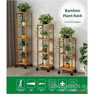 【In stock】JINSHENG Wooden Plant Rack With Wheels / Multilayer Plant Stand / Floor Flower Pot Stand /Bamboo Flower Pot Rack / Flower Stand /Plant Shelf /Plant Display Rack V53O